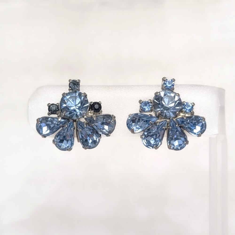 Vintage Screw On Earrings Silver Tone & Blue Gems 7/8" - Two Gems Darker